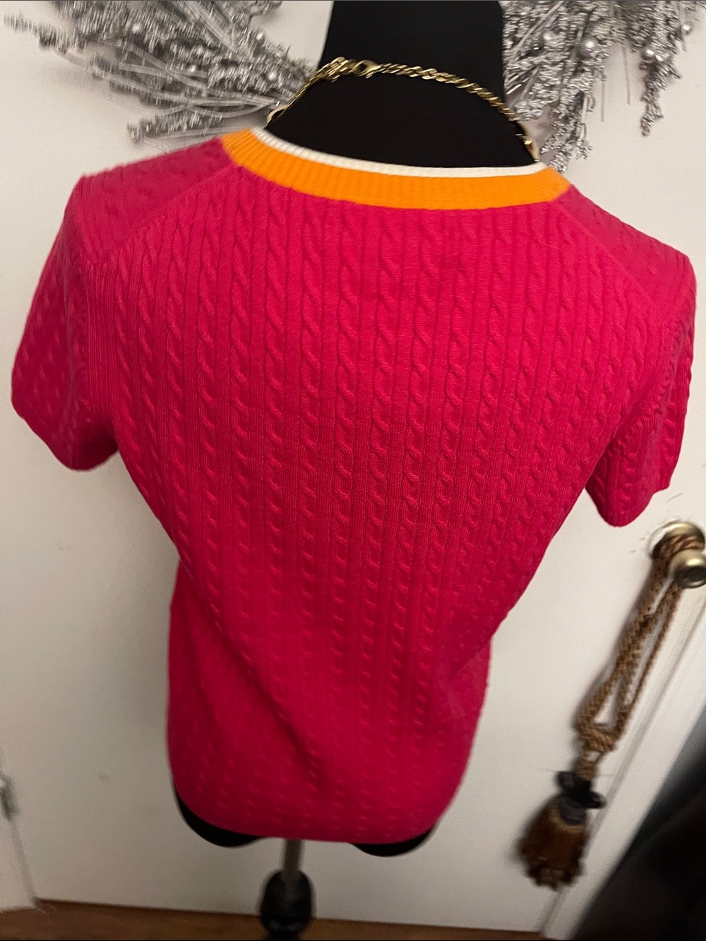 Tommy Hilfiger V-Neck Cable Knit Sweater in Hot Pink with Orange & White Trim - Picture 5 of 6